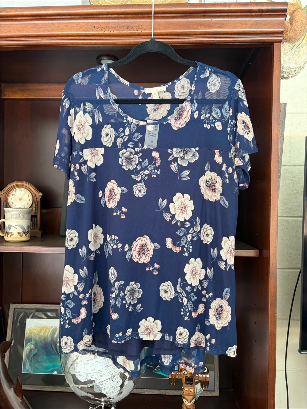 loralette Navy Floral Short Sleeve Blouse with Cream and Pink Blooms